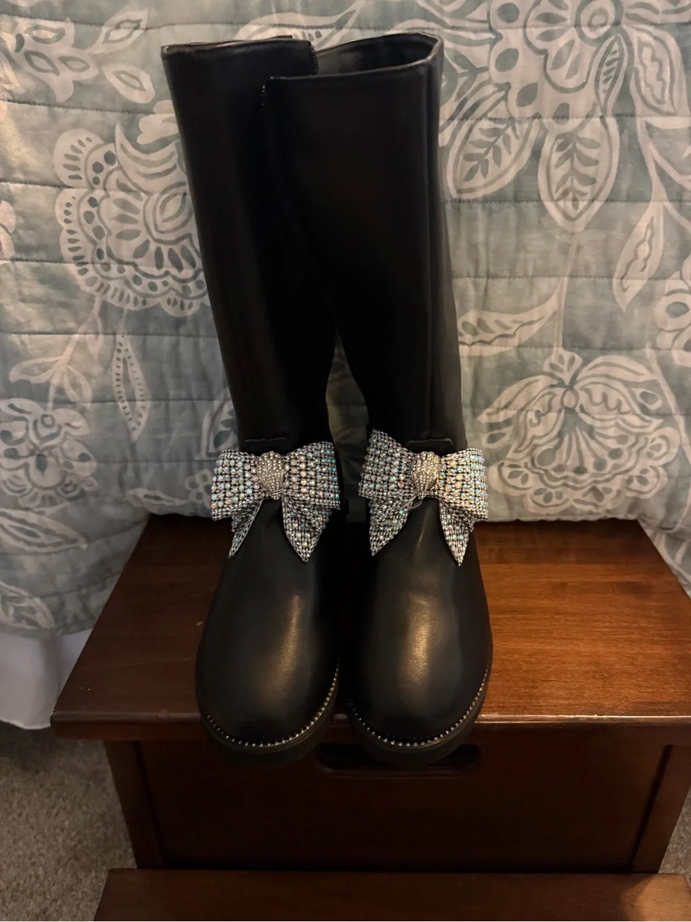 Kurt Geiger Black Knee-High Boots with Crystal Bow Accent
